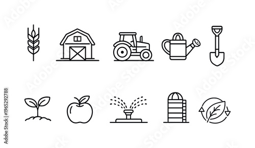 Minimal line icons of farming and gardening tools including barn, tractor, watering can, shovel, seedling, apple, sprinkler, silo, recycling leaf