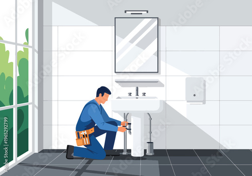 Flat style vector illustration of plumber installing bathroom sink in modern residential interior, plumbing installation and home maintenance service concept in clean minimal style