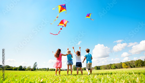Children joyfully flying kites in open field, celebrating togetherness
