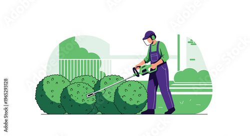 Flat style vector illustration of landscaper trimming bushes with electric trimmer in garden, outdoor maintenance and gardening service concept in clean modern style