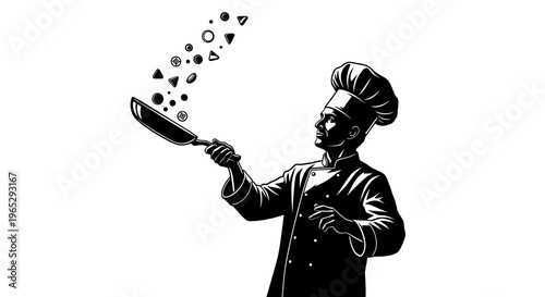 Chef tossing pan with food particles.