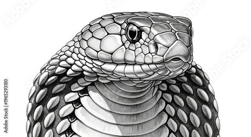 Detailed Black and White Illustration of a Snake's Head, Close-Up View