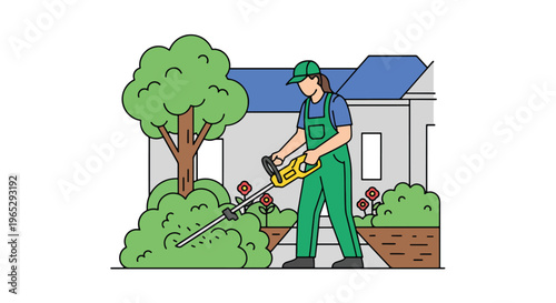 Flat style vector illustration of landscaper trimming bushes with electric trimmer in garden, outdoor maintenance and gardening service concept in clean modern style