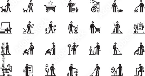 Yard work, gardening icons, 30 black silhouette symbols, lawn care, landscaping illustrations