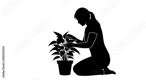 Woman kneeling with potted plant.
