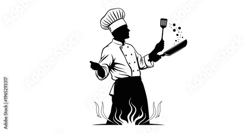 Chef Cooking with Spatula and Pan.