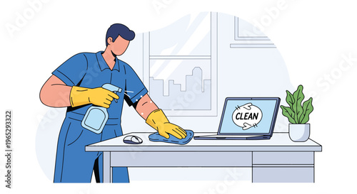Flat style vector illustration of cleaner disinfecting office desk with spray, workplace hygiene and sanitation maintenance service concept in modern minimal style