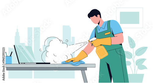 Flat style vector illustration of cleaner disinfecting office desk with spray, workplace hygiene and sanitation maintenance service concept in modern minimal style