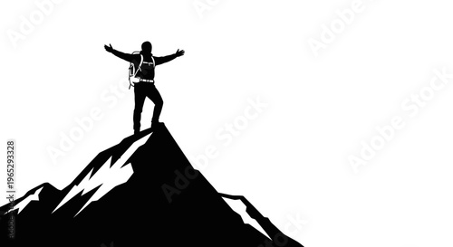 Person standing on mountain peak triumphantly.