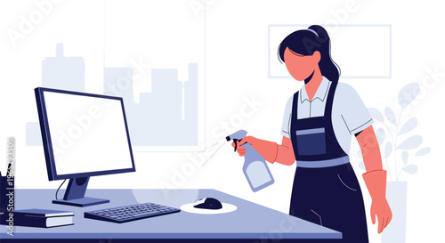 Flat style vector illustration of cleaner disinfecting office desk with spray, workplace hygiene and sanitation maintenance service concept in modern minimal style