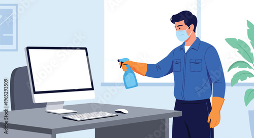 Flat style vector illustration of cleaner disinfecting office desk with spray, workplace hygiene and sanitation maintenance service concept in modern minimal style