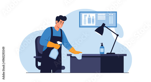 Flat style vector illustration of cleaner disinfecting office desk with spray, workplace hygiene and sanitation maintenance service concept in modern minimal style