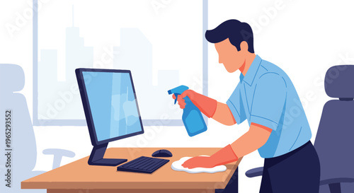 Flat style vector illustration of cleaner disinfecting office desk with spray, workplace hygiene and sanitation maintenance service concept in modern minimal style
