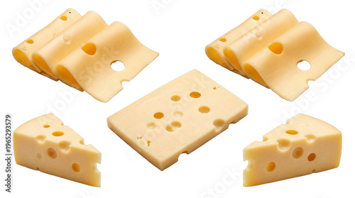 Obraz na plátně Fresh emmental cheese collection featuring neatly folded slices, a firm block, and distinct wedges