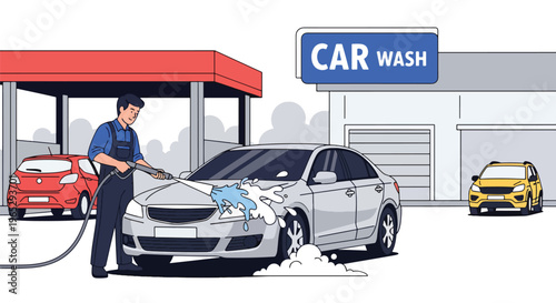 Flat style vector illustration of car wash worker cleaning vehicle with water hose, automotive cleaning and maintenance service concept in clean modern vector style