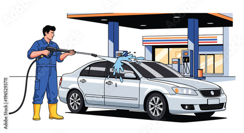 Flat style vector illustration of car wash worker cleaning vehicle with water hose, automotive cleaning and maintenance service concept in clean modern vector style