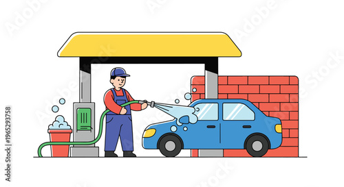 Flat style vector illustration of car wash worker cleaning vehicle with water hose, automotive cleaning and maintenance service concept in clean modern vector style