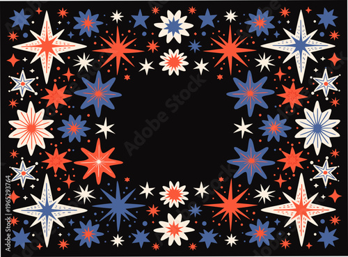 A frame of lush stars.  Message card. Copy space. Simple and charming Scandinavian-style illustration.