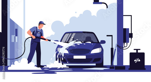 Flat style vector illustration of car wash worker cleaning vehicle with water hose, automotive cleaning and maintenance service concept in clean modern vector style