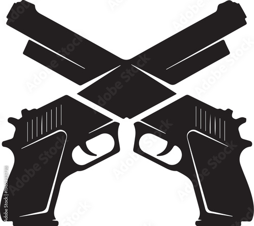 Crossed Guns, Pistols, Black Silhouette, Vector Graphic, Crime Icons