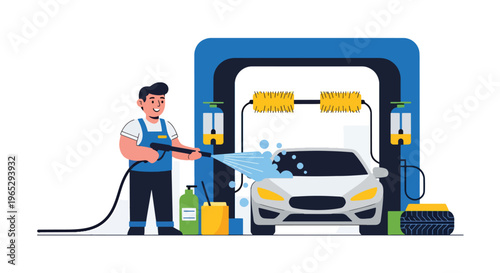 Flat style vector illustration of car wash worker cleaning vehicle with water hose, automotive cleaning and maintenance service concept in clean modern vector style