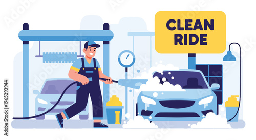 Flat style vector illustration of car wash worker cleaning vehicle with water hose, automotive cleaning and maintenance service concept in clean modern vector style