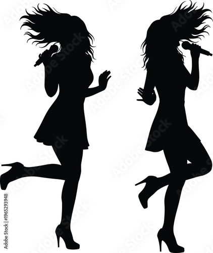 Singer silhouette illustration collection, dynamic female figures with microphones in energetic stage poses, performance music entertainment theme, vector art, black isolated bold design