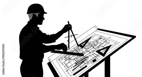 Man in hard hat working drafting.