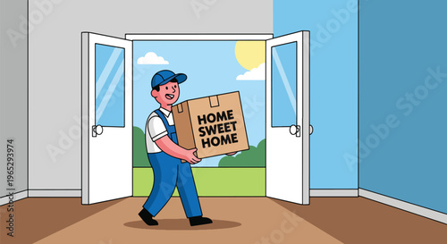 Flat style vector illustration of mover carrying cardboard box into new home, relocation service and moving assistance concept in clean modern vector style
