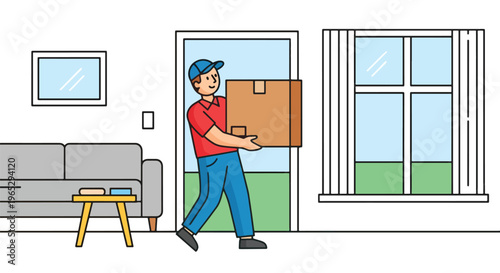 Flat style vector illustration of mover carrying cardboard box into new home, relocation service and moving assistance concept in clean modern vector style
