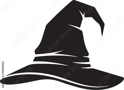 Black witch hat, Halloween vector icon, magic symbol, dark fantasy silhouette