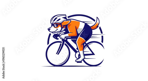 Dog Cyclist Wearing Helmet and Sunglasses Riding Bicycle.