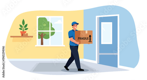 Flat style vector illustration of mover carrying cardboard box into new home, relocation service and moving assistance concept in clean modern vector style