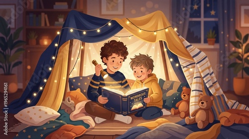 Boys Reading in a Blanket Fort at Night