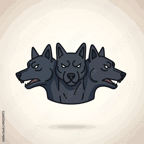 A cartoon-style illustration of a three-headed black dog with sharp teeth and piercing white eyes, set against a parchment-like backdrop