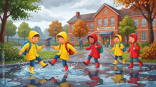 Children Puddle Jumping After School in Rain