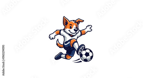 Cute cartoon dog playing soccer with a ball.