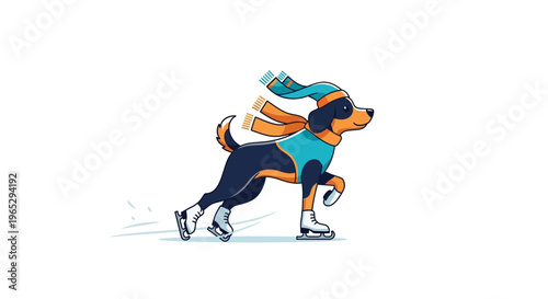 Cute dog wearing winter clothes ice skating.