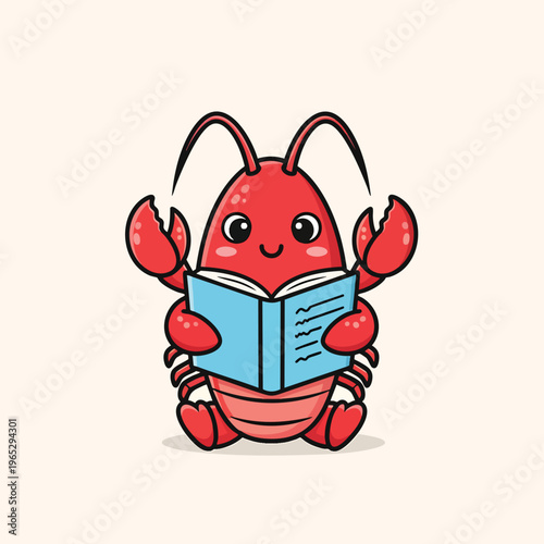 A cartoon-style illustration of a red lobster smiling and reading a blue book, with large claws and a cream-colored background
