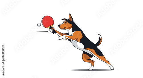 Dog playing ping pong with a red paddle and ball.