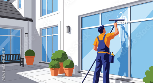 Flat style vector illustration of window cleaner using squeegee on glass building exterior, urban maintenance and cleaning service concept in clean modern style
