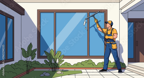 Flat style vector illustration of window cleaner using squeegee on glass building exterior, urban maintenance and cleaning service concept in clean modern style