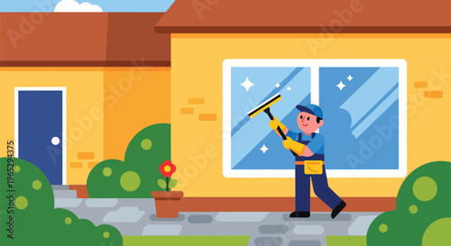 Flat style vector illustration of window cleaner using squeegee on glass building exterior, urban maintenance and cleaning service concept in clean modern style