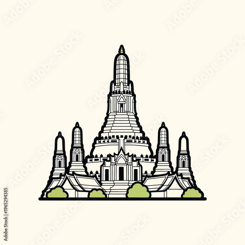 A cream-colored architectural illustration featuring a central, towering structure with multiple spires, side buildings, and stylized shrubbery