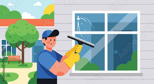 Flat style vector illustration of window cleaner using squeegee on glass building exterior, urban maintenance and cleaning service concept in clean modern style
