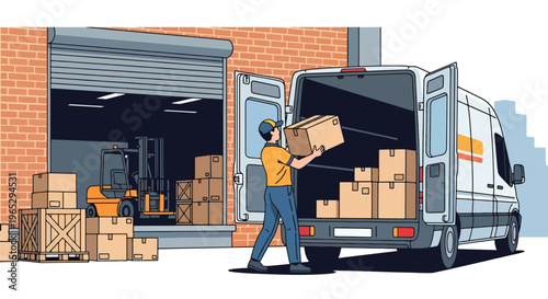 Flat style vector illustration of warehouse worker move package to delivery van, order preparation and logistics fulfillment concept in clean modern style