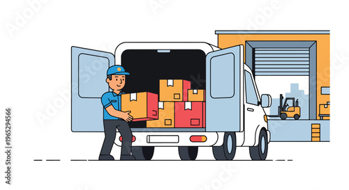 Flat style vector illustration of warehouse worker move package to delivery van, order preparation and logistics fulfillment concept in clean modern style