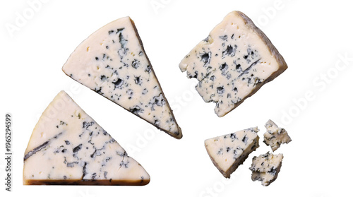 Fotografie Assortment of blue cheese wedges and crumbles, a gourmet dairy product, isolated on a transparent background