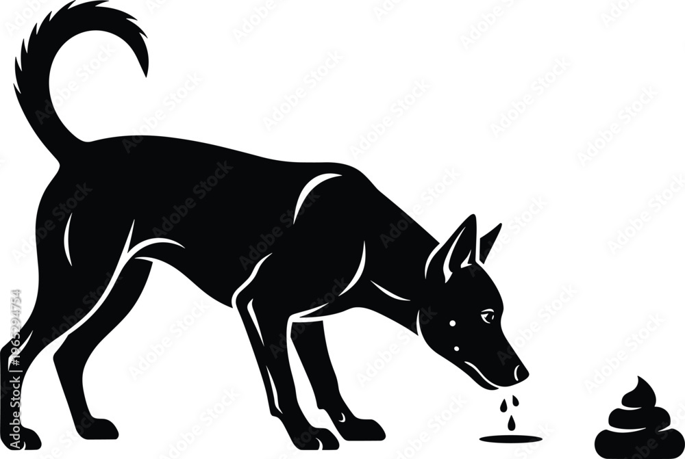 Fototapeta premium Dog silhouette illustration, humorous figure sniffing ground with feces pile, curious animal behavior theme, vector art, black isolated bold design for wildlife and pet concepts