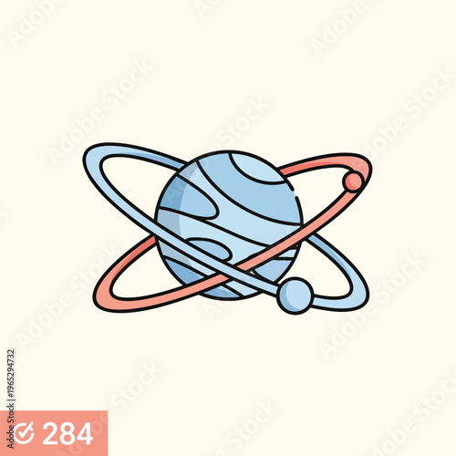 A celestial body illustration features a blue sphere with white lines surrounded by orbiting lines, colors of red and blue. The background is cream